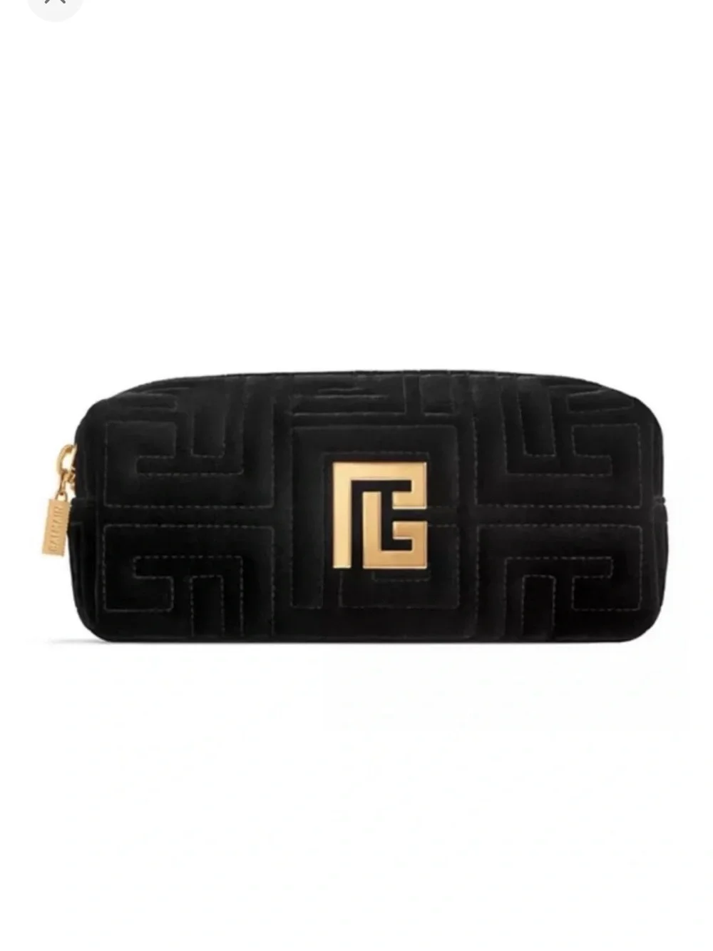Balmain Black Quilted Velvet Cosmetic Case with Gold Emblem